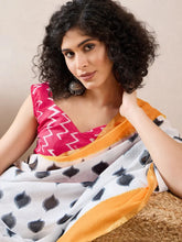 Women White Linen Ikat Printed Saree-VFSAR1003